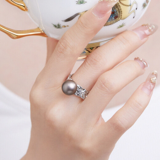 Meluxe S925 silver Tahitian black pearl ring seawater pearl women's ring birthday gift for wife 10-11mm