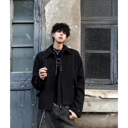 POUM American cleanfit shoulder pad short jacket men's handsome lapel shoulder top design niche jacket trend XKFS-J422 black XL