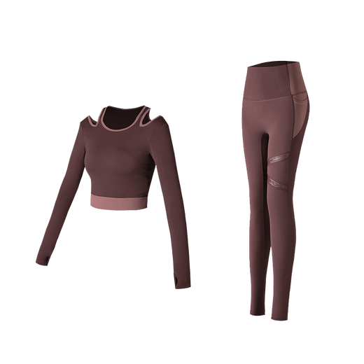 Vandis Yoga Suit with Bra Pad for Women Autumn Tight-fitting Quick-drying Running Training Pilates Fitness Sports Top Smoked Chestnut Gray and Mandarin Red Long Sleeves + Smoked Chestnut Gray and Mandarin Red Trousers XL _ Recommended 125-140Jin Jin is equal to 0.5kg