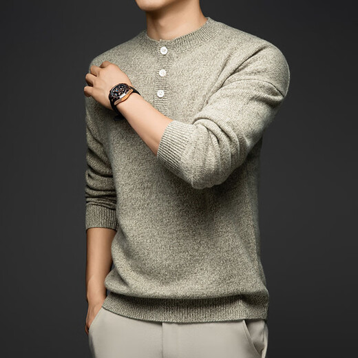 DVW international brand men's wool sweater autumn and winter new round neck Henry collar thickened retro color profile sweater high-end green S (165) suitable for 100-120Jin Jin equals 0.5 kg