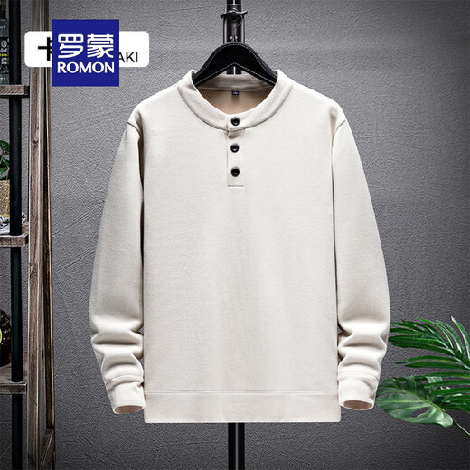 ROMON 2025 New Henley Collar Sweatshirt Men's Autumn and Winter Sheep Wool Bottoming Shirt Thickened Jacquard Long Sleeve T-Shirt Gray M