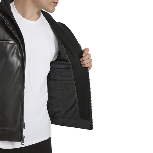 KENNETH COLE 男式人造皮革机车 带针织连帽 黑色 Medium