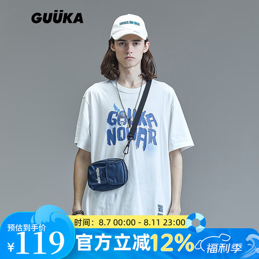 古由卡（GUUKA）xSANK嘻哈潮牌t恤男士短袖夏季情侣装刘宇同款休闲宽松五分半截袖 白色 F3887 M