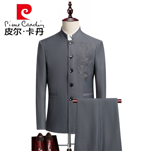 Pierre Cardin tunic suit men's suit slim embroidered dad Tang suit Chinese style dress stand collar suit two-piece gray two-piece suit XL 120135