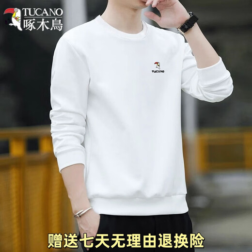 Woodpecker (TUCANO) sweatshirt men's autumn casual loose round neck versatile pure cotton long-sleeved T-shirt youth bottoming shirt men's white - no velvet XL (recommended 115-135Jin Jin equals 0.5 kg)