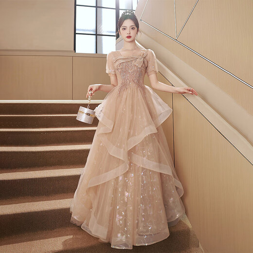 ROMON evening dress for women autumn 2025 new high-end banquet waist slimming light luxury niche French square neck dress champagne long style M recommended 95-105 Jin Jin equals 0.5 kg