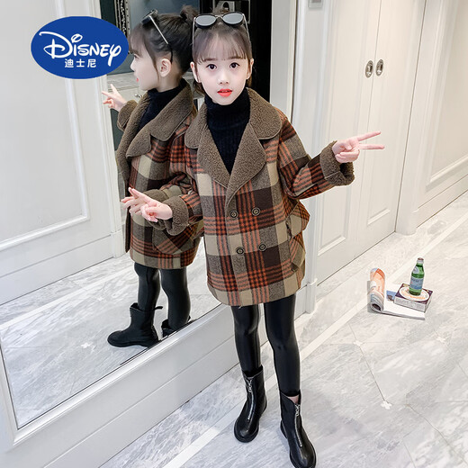 Disney (Disney) Girls Autumn and Winter Woolen Jacket 2025 New Children's Clothing Western Style Mid-Length Medium and Large Children's Tartan Coat Orange Velvet Thickening 130 cm