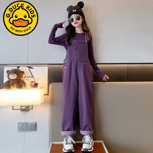 G.DUCKKIDS Little Yellow Duck Girls' Overalls Set Dopamine Style Children's Clothes for Big Girls Purple Fashionable Long-Sleeved Pants Two-piece Set Purple Overalls 160 cm