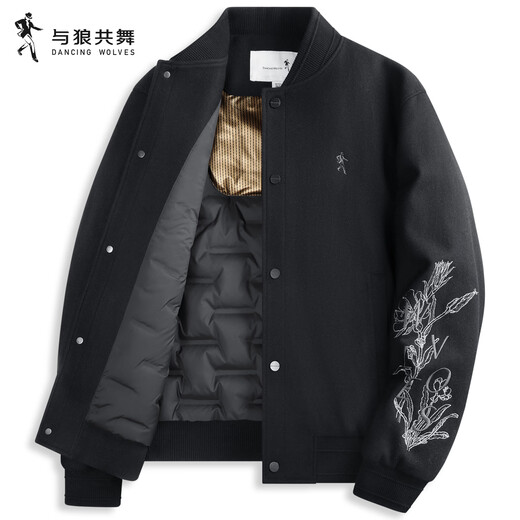 Dances with Wolves 56.8% Sheep Wool Baseball Collar Woolen Jacket Men's 2025 Autumn and Winter New Down Warm Jacket 1004 Black 001 S (165)