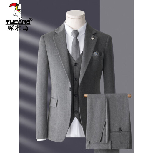 Woodpecker (TUCANO) suit men's three-piece Korean style slim business casual suit groom's wedding dress light gray top + pants + vest shirt collar S