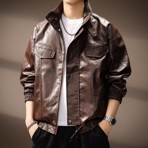 Revium high-end American fashion brand high street stand-up collar PU leather jacket men's autumn handsome motorcycle jacket loose versatile tops for men brown M suitable for 100-120 Jin Jin equals 0.5 kg