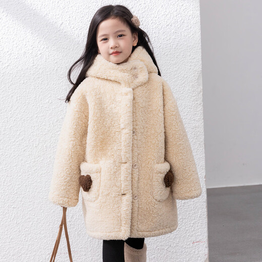 Tutu Little Elephant Girls' Thick Jacket Autumn and Winter Children's Warm All-in-One Velvet Coat Off-White 140 Height About 140cm