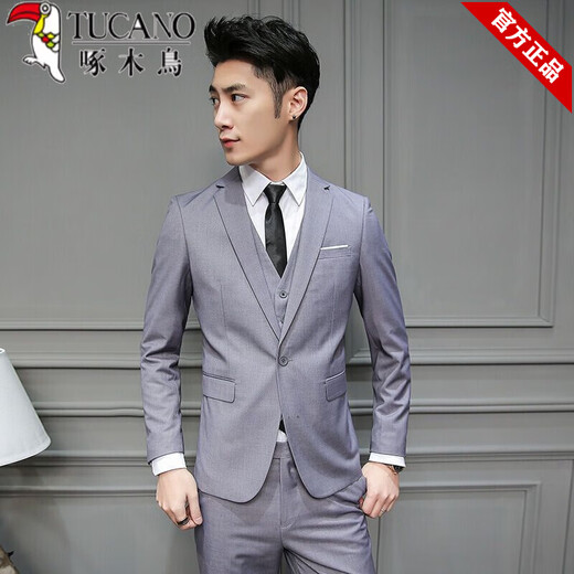 Woodpecker Autumn and Winter Brothers Group Uniform Small Suit Groomsman Clothing Groom Wedding Dress Suit Men's Three-piece Korean Style Slim Gray Jacket + Vest + Shirt + Trousers and Tie 2XL