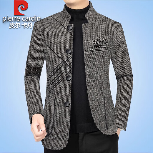 Pierre Cardin high-end woolen jacket men's autumn and winter velvet thickened middle-aged dad casual men's woolen tunic suit black gray N7315 cotton XL 180- 135-150Jin Jin equals 0.5 kg