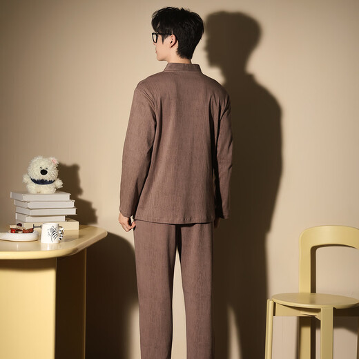 LangSha pure cotton pajamas couple wear for one man and one woman spring and autumn casual cartoon monk collar 100% cotton can be worn outside home clothes 8077 couple L female + 2XL male