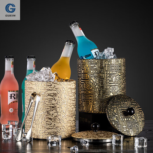 GUEIN stainless steel ice bucket ice storage bucket ktv bar champagne bucket dry ice special bucket ice storage bucket 1200ml black leather ice bucket