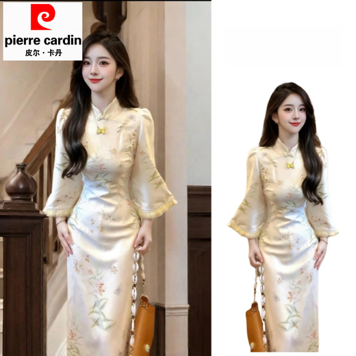 Pierre Cardin New Chinese Style White Cheongsam Dress Women's 2025 Autumn and Winter New Thickened National Style Waist Skirt White Dress (Regular) Version M Recommended 95-105 Jin Jin equals 0.5 kg