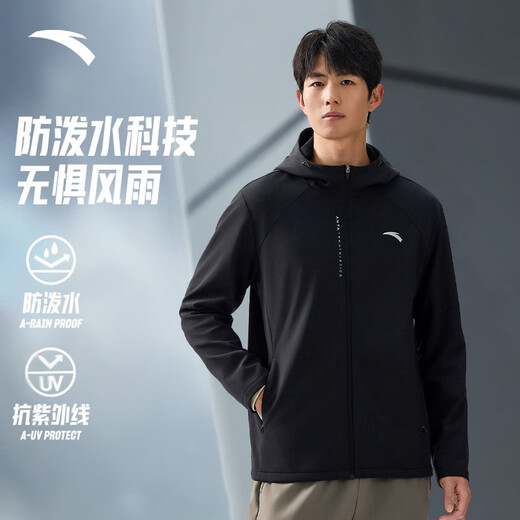 ANTA Water-Repellent Soft Shell Jacket丨Fleece Stretch Water-repellent Jacket Men's Autumn and Winter Sports Jacket Executive Men's Windbreaker Anti-UV+Fleet+Splash-Repellent+Hooded Basic Black 7602-5 L