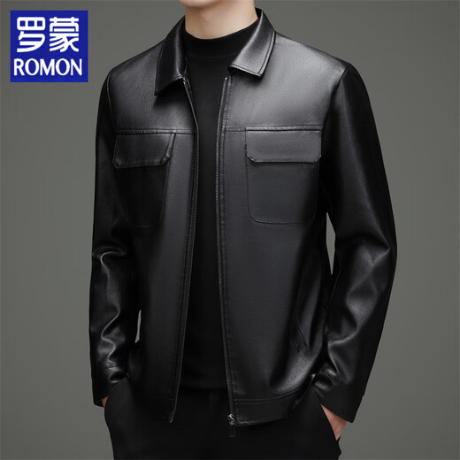 Luo Meng's new imitation leather men's leather jacket autumn and winter casual business lapel leather jacket dad tops men's black L