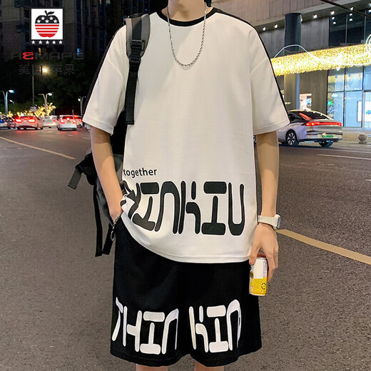 Aemape Casual Sports-Anzug Herren Sommer Neues lose Eisseide Kurzärärmelte T-Shirt-Herrenshorts gepaart mit gutaussehendem Set FKS653 Weißer Anzug M ca.