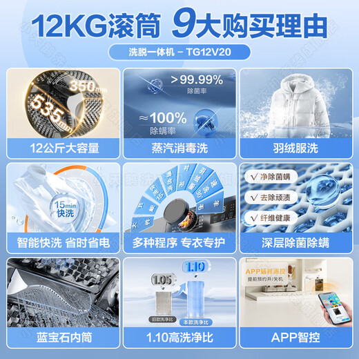 LittleSwan washing machine drum fully automatic 10/12kg large capacity variable frequency motor 1.1 high cleaning ratio, sterilization and mite removal, ultra-thin body washable in cold water, trade-in 12kg new product without drying, 1.1 cleaning ratio + WiFi intelligent control