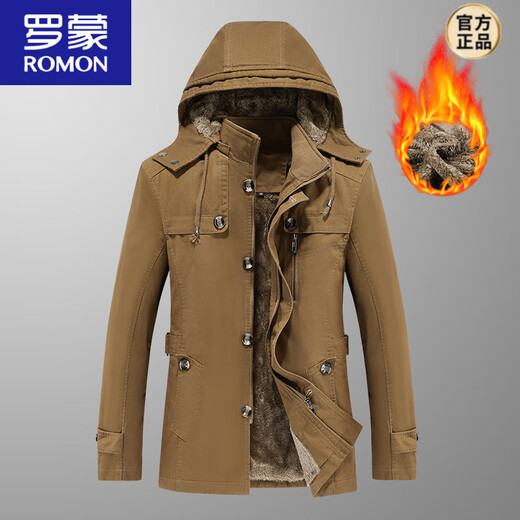 罗蒙（ROMON）纯棉男士秋冬季加绒加厚休闲连帽大码夹克衫风衣外套防风保暖棉袄 加绒黑色 厚款 L 建议110-120斤