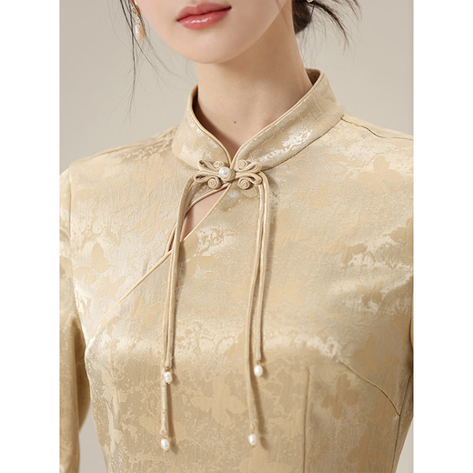 Chuchan Clothing Improved Cheongsam Women's Autumn 2025 New Long Sleeve Waist Temperament Noble Brown Slim Chinese Style National Style Dress Brown XL Ready in Stock