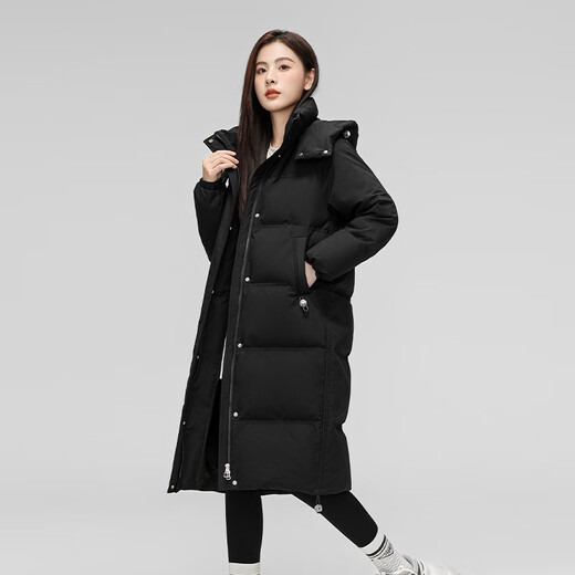 Flying in the Snow Down Jacket Women's Mid-Length 90 Velvet 25 Winter Over-the-Knee Solid Color Loose Fashion Hooded Casual Thick Jacket Black M