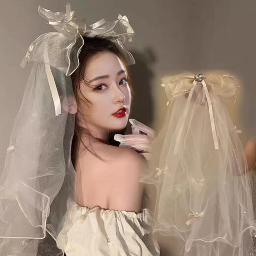 Bo Na Ling veil, white bridal veil, certificate registration headdress, super fairy bow, fluffy veil, photo props, double bow, love veil, hairpin style