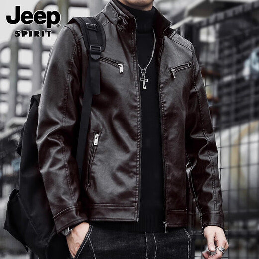 JEEP SPIRIT Jeep men's leather jacket 2025 new youth autumn and winter plus velvet stand-up collar handsome motorcycle leather jacket jacket for men 609 black jacket XL recommended 126-140Jin Jin is equal to 0.5 kg