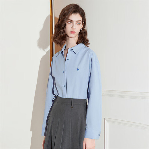 Chuyu love embroidered shirt for women 2025 new autumn style simple versatile solid color top pure cotton shirt sky blue XL