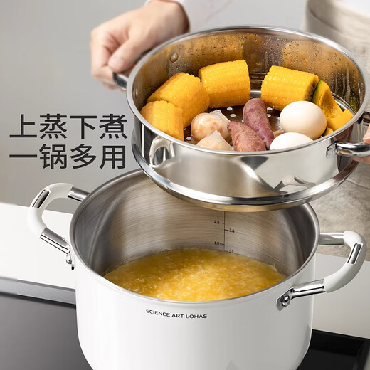 Zhongke Demark (DUMIK) uncoated 316 food-grade stainless steel ceramic soup pot, household thickened stew pot, ceramic and steel integrated, anti-rust and antibacterial, soup pot + double-layer steamer 24cm