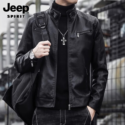 JEEP SPIRIT Jeep men's leather jacket 2025 new youth autumn and winter plus velvet stand-up collar handsome motorcycle leather jacket jacket for men 609 black jacket XL recommended 126-140Jin Jin is equal to 0.5 kg
