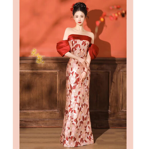 Fu Ling New Chinese Dressing Robe Bridal Luxurious Photography Chinese Engagement Toast Wear One Shoulder Fishtail Wedding Back Door Wear Banquet Burgundy M