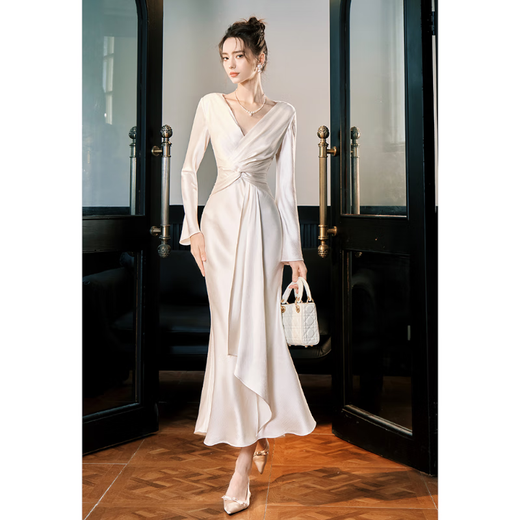 GJFD Guyue French twist satin high-end dress long-sleeved birthday white temperament slim fishtail dress light champagne L