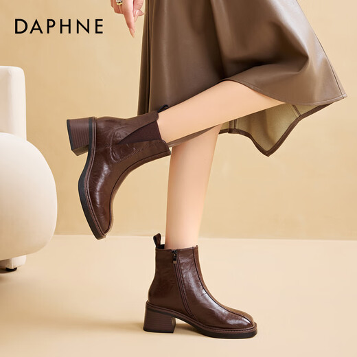 Daphne short boots for women new autumn and winter French high-heeled slim boots with temperament and versatile Martin boots for women brown plus velvet 37