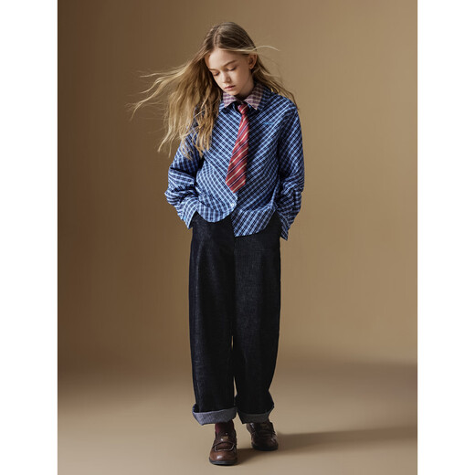 ELLE KIDS casual style girls spring and autumn classic versatile miu style college style pattern long-sleeved embroidered plaid shirt