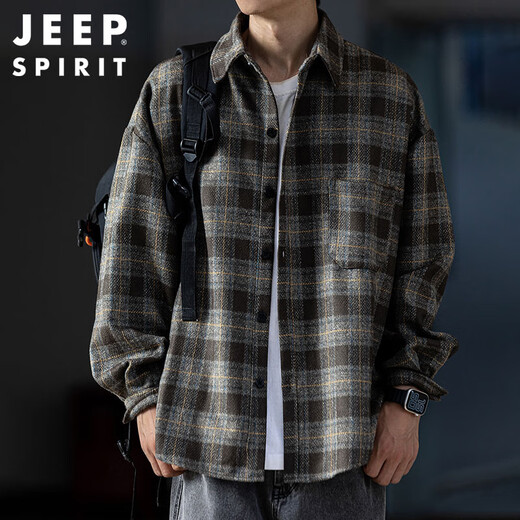JEEP SPIRIT吉普磨毛加厚格子衬衫男秋冬季工装长袖衬衣休闲外套 深灰色 XL