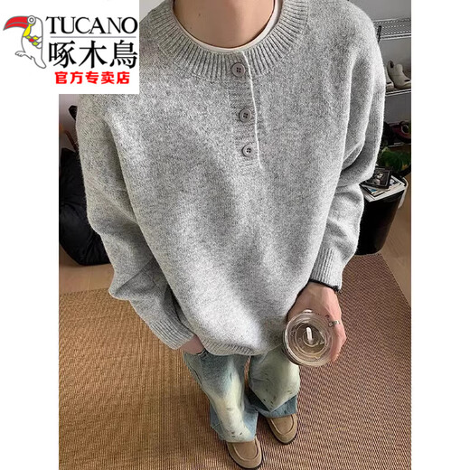 Woodpecker (TUCANO) gray American Henry collar sweater men's early autumn lazy style bottoming sweater cleanfit inner layer light gray Henry collar M