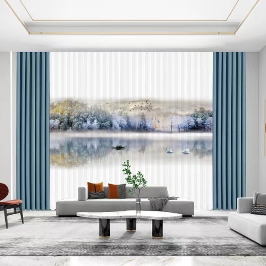 Jiu pattern leopard modern new Chinese style ink landscape painting landscape living room study high-end bedroom curtain Zen gauze curtain finished product Zen lotus punched type 4.5 meters wide and 2.7 height one piece