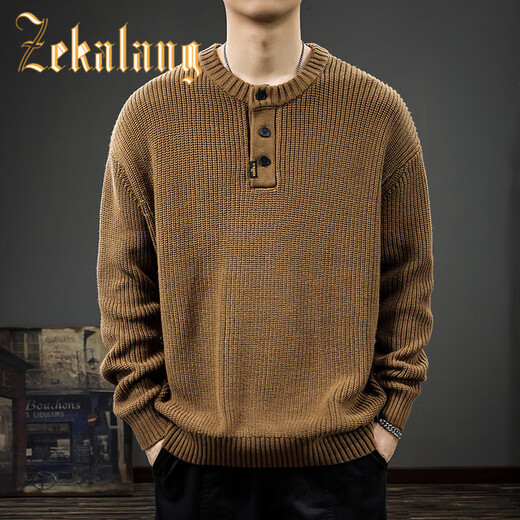 ZEKALANG 2025 Henry collar sweater for men in autumn, loose large size, long-sleeved American retro trendy casual sweater, Khaki S _Suitable weight 95-105Jin Jin is equal to 0.5 kg