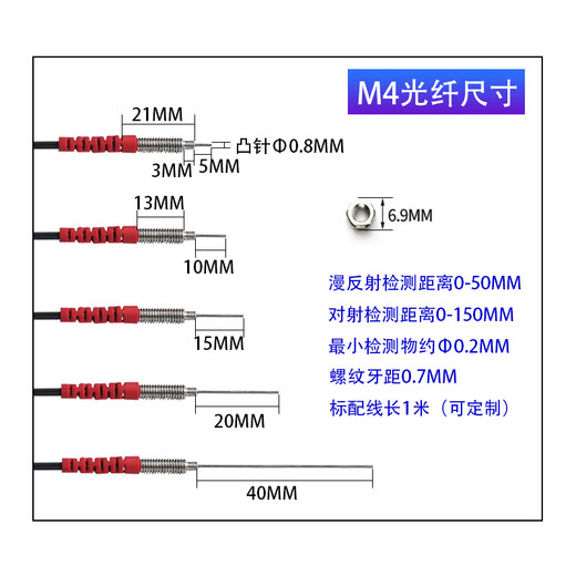 0.8MM ultra-fine needle fiber optic sensor imported line M3M4 fiber amplifier diffuse reflection fiber optic probe M3 diffuse reflection needle length 5mm needle diameter 0.8mm 1 meter