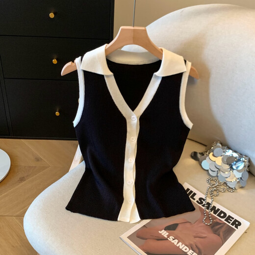
Non-standard high-quality college style sweater for women Korean style temperament collar sleeveless breasted cardigan knitted sleeveless vest for women summer black [temperament top/gentle/European and American/set S [summer wear/exterior wear b