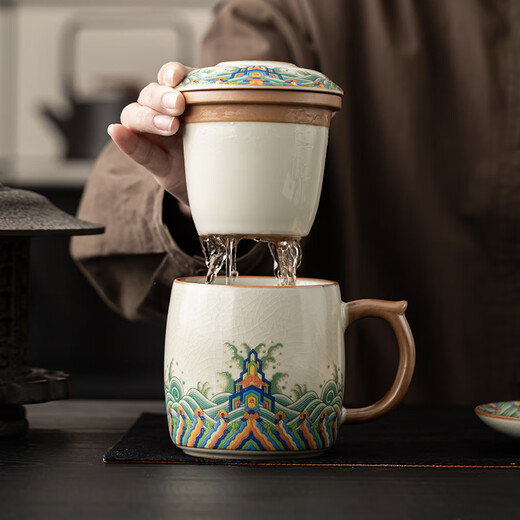 Xin Yu Li Ru Kiln Tea Cup Tea Water Separation Tea Cup Cultural and Creative Souvenir Father's Birthday Gift Men's Souvenir for Dad