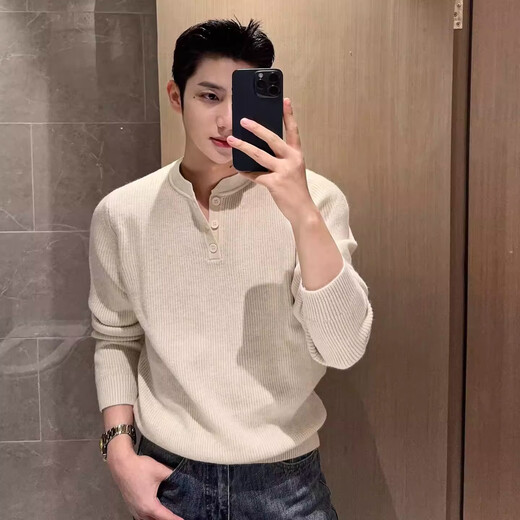 Kuraishi Kazuki V-neck lazy style Henry collar sweater men's Korean style early autumn top bottoming pullover knitted sweater Gray M