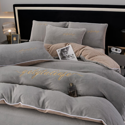 VJEA winter milk velvet four-piece set thickened warm double-sided velvet bed sheet quilt cover anti-static baby velvet high weight elegant - gentleman gray four-piece set 1.8m bed sheet style - quilt cover 200*230cm
