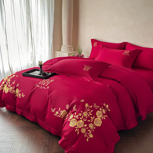Mercury Series New Chinese Style 100 Count Wedding Four-piece Set Pure Cotton 2025 New Big Red Quilt Wedding Bedding 4-Day Jubilee-Gold 2.0 Meter Sheet Style Four-piece Set-Quilt Cover 220x240