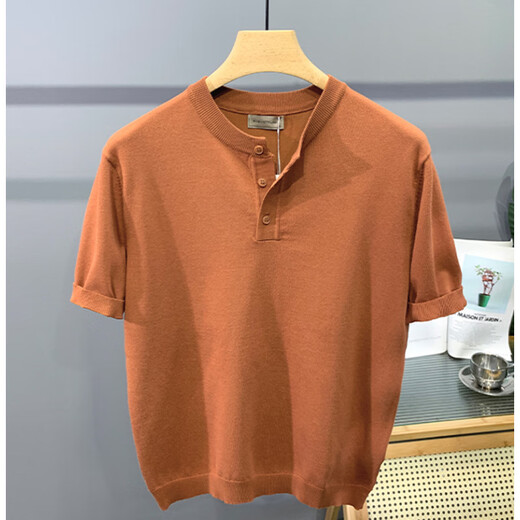 White mercerized cotton ice silk knitted henley shirt for men cool breathable slim short-sleeved sweatshirt half-button henley collar t-shirt cool silk knitted henley shirt white 3XL