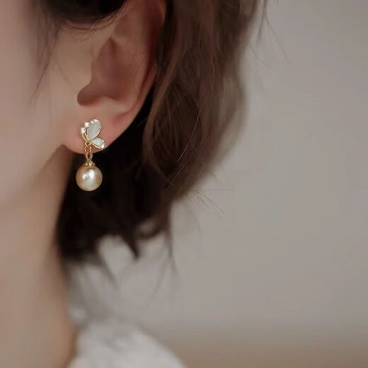 KZD Old Phoenix 999 pure silver pearl earrings temperament butterfly earrings for women anti-allergic niche French style sleep-free champagne color pearl sterling silver earrings 0.89g (silver single)