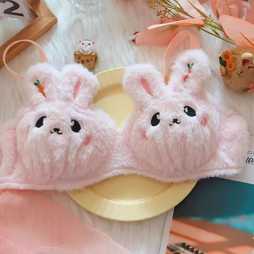 Renduo Small Breast Underwear Lucky Cat Underwear Furry Rabbit Plush Bra Super Cute Underwear Complete Set Carrot Rabbit-White 70A 32 S/70AB Cup
